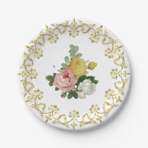 Elegant Vintage Victorian Yellow Pink White Roses Paper Plate