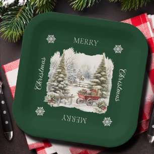 Elegant Vintage Watercolor Christmas Trees Forest Paper Plate