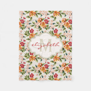 Elegant Vintage Watercolor Flowers Monogrammed Fleece Blanket