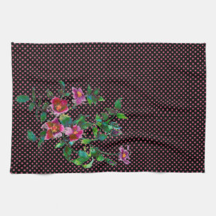Elegant vintage watercolor pink roses polka dots tea towel