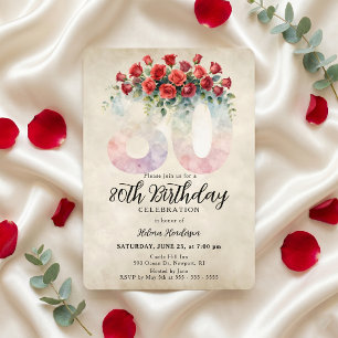 Elegant Vintage Watercolor Red Rose 80th Birthday Invitation