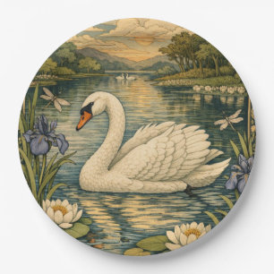 Elegant vintage watercolor white swan painting paper plate