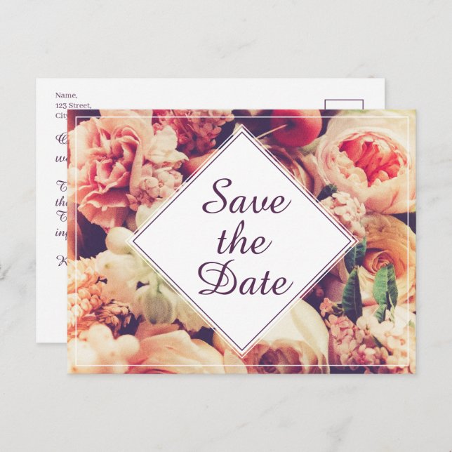 Elegant Vintage Wedding Announcement, Flower Motif Holiday Postcard (Front/Back)