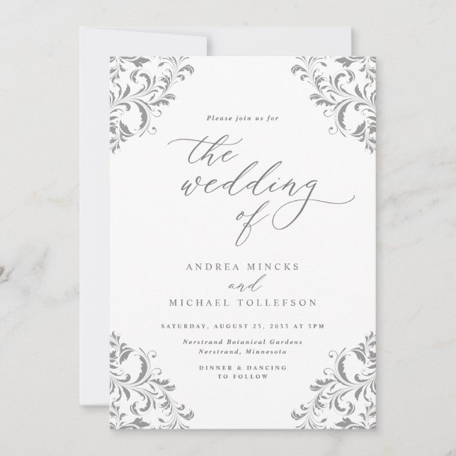 Elegant Vintage Wedding Grey Silver Invitation (Front)