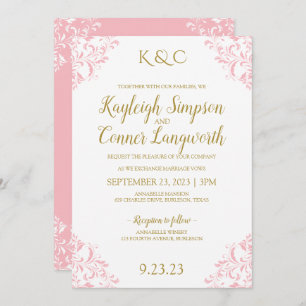 Elegant Vintage Wedding Invitation Pink & Gold