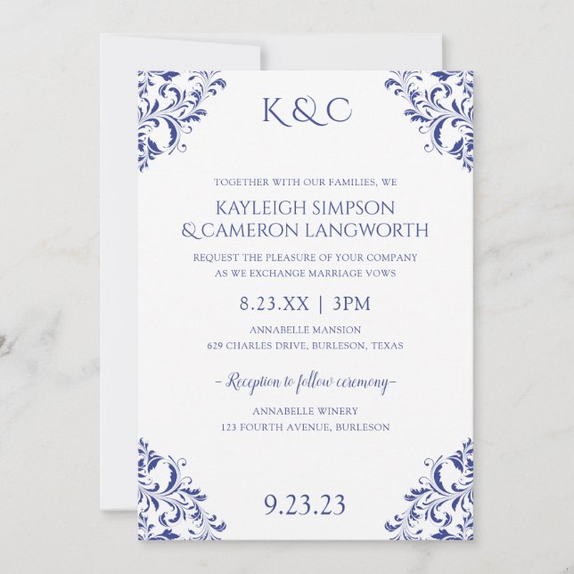 Elegant Vintage Wedding Invitation | Royal Blue (Front)