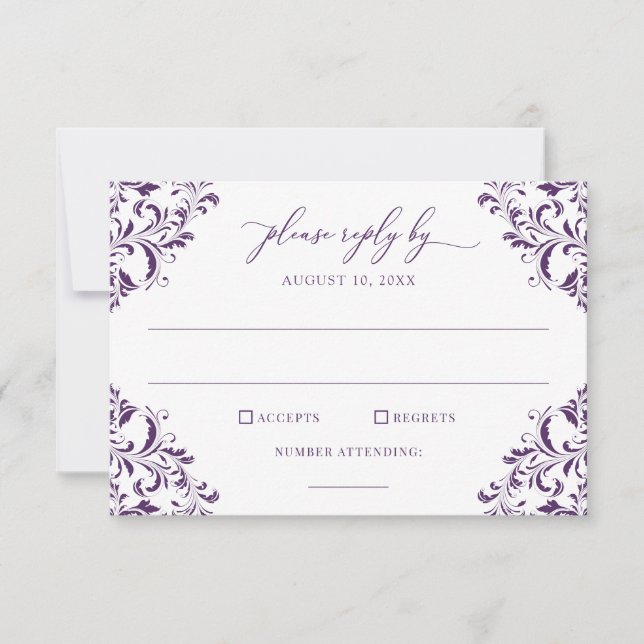 Elegant Vintage Wedding Plum Purple RSVP Card (Front)