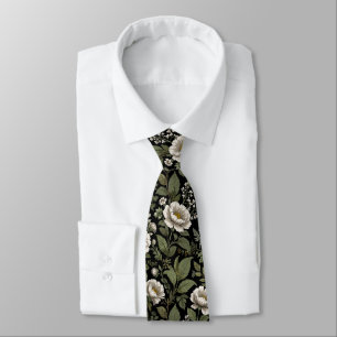 Elegant vintage white floral dark green botanical  tie
