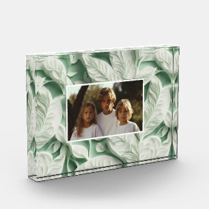Elegant vintage white green botanical leaf pattern photo block