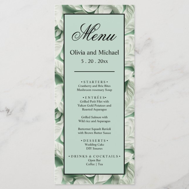Elegant vintage white green leaf  calligraphy menu (Front)