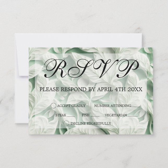 Elegant vintage white green leaf  calligraphy RSVP card (Front)
