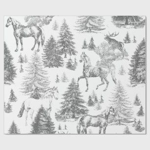 Elegant Vintage White Horses in Snow Woods Toile  Wrapping Paper