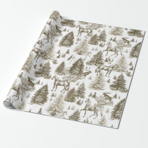 Elegant Vintage White Horses in Snow Woods Toile Wrapping Paper