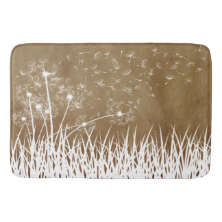 Elegant Vintage White Outline Dandelions in Wind  Bath Mat