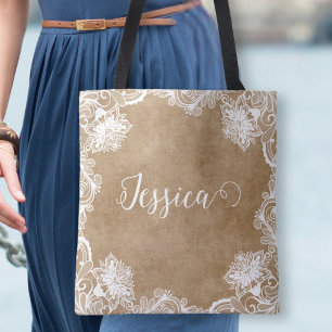 Elegant Vintage White Outline Floral Bridal   Tote Bag