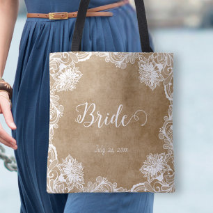 Elegant Vintage White Outline Floral Bridal  Tote Bag