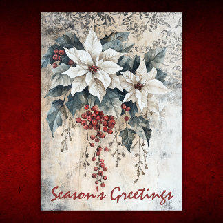 Elegant Vintage White Poinsettia Christmas Holiday Card