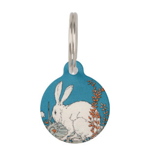 Elegant Vintage White Rabbit Flowers Pet Tag