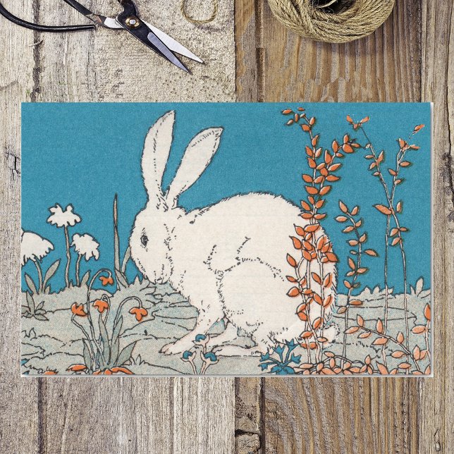 Elegant Vintage White Rabbit Flowers Tissue Paper (Fluffy white rabbit sitting in orange and white flowers on blue tissue wrapping paper for Easter.)