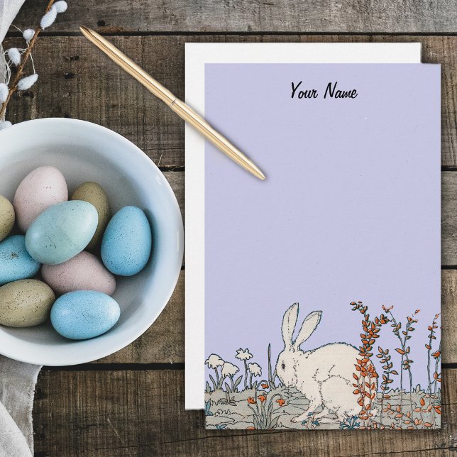 Elegant Vintage White Rabbit Stationery (White fluffy rabbit sitting on ground surrounded by flowers on light blue stationery.)