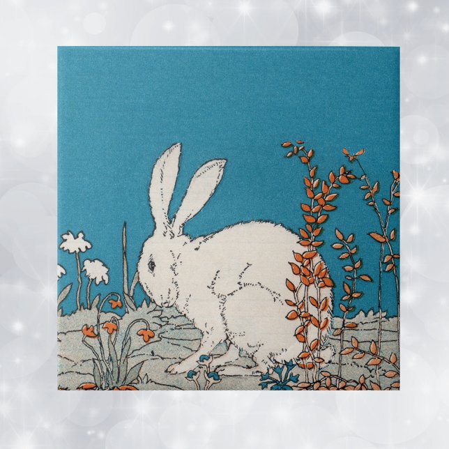 Elegant Vintage White Rabbit Tile (Fluffy white bunny sitiing in orange and white flowers on blue decorative ceramic tile.)