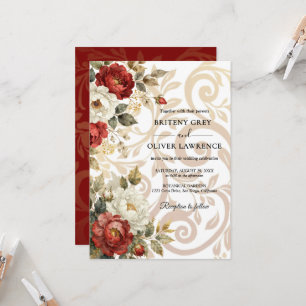 Elegant Vintage White & Red Floral bloom wedding   Invitation