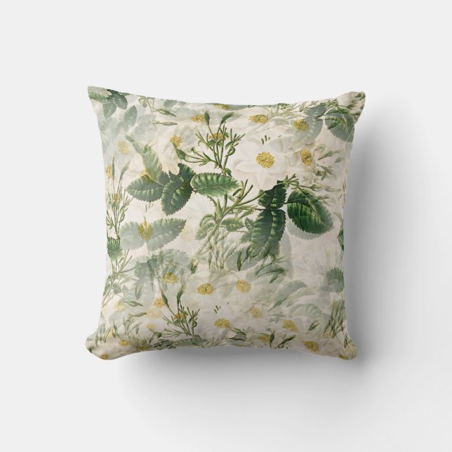Elegant Vintage White Rose Botanical Throw Pillow (Front)