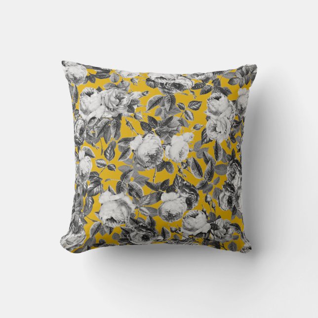 Elegant Vintage White Roses Mustard Yellow Cushion (Front)