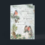 Elegant Vintage Winter Christmas Robins Holiday Card<br><div class="desc">Richly-detailed charming vintage Christmas composition featuring rustic woodland ephemera including robins,  snow-covered boughs of holly and pine,  engraved script,  Christmas-Time poem in engraved birch frame,  and elegant white scrolls and flourishes on distressed light sky blue background.</div>
