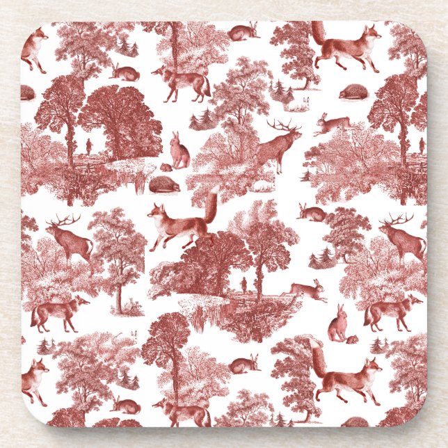 Elegant Vintage Woodland Fox Rabbit Red Toile Coaster (Front)