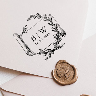Elegant Vintage Wreath Monogram Wedding Wood Rubber Stamp