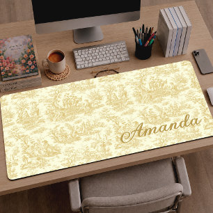 Elegant Vintage Yellow French Toile De Jouy Desk Mat