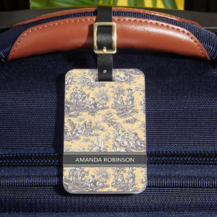 Elegant vintage yellow grey toile de jouy luggage tag