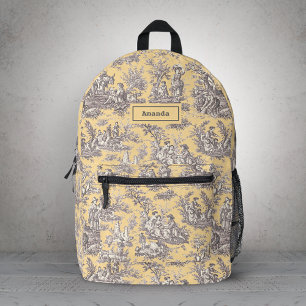 Elegant Vintage Yellow Grey Toile de Jouy Monogram Printed Backpack
