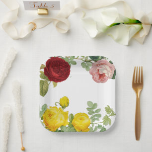 Elegant Vintage Yellow Pink and Red Roses Wedding Paper Plate