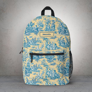 Elegant Vintage Yellow Teal Toile de Jouy Monogram Printed Backpack