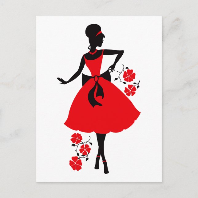 Elegant vintage young woman red black silhouette postcard (Front)