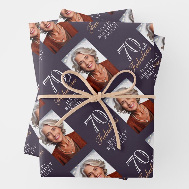Elegant Violet 70 and Fabulous 70th Birthday Photo Wrapping Paper Sheet (In situ)
