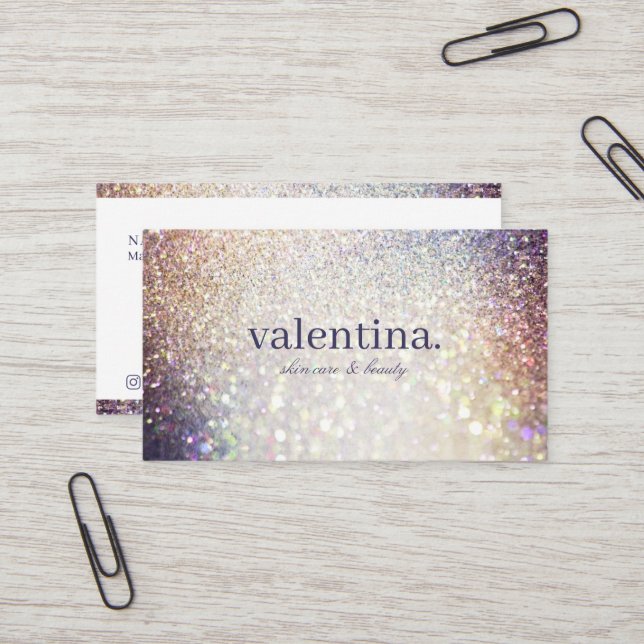Elegant Violet & Champagne Glitter Beauty Makeup Business Card (Front/Back In Situ)