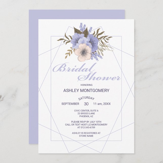 Elegant Violet Five Petal Roses Bridal Shower Invitation (Front/Back)