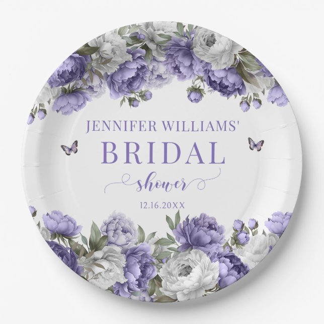 Elegant violet floral bridal shower paper plates (Front)
