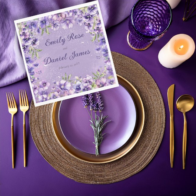Elegant Violet Floral Wedding Napkin (Elegant violet florals add a refined botanical touch to wedding reception details.)