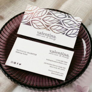 Elegant Violet Glitter Leaf Pattern Beauty Makeup Business Card
