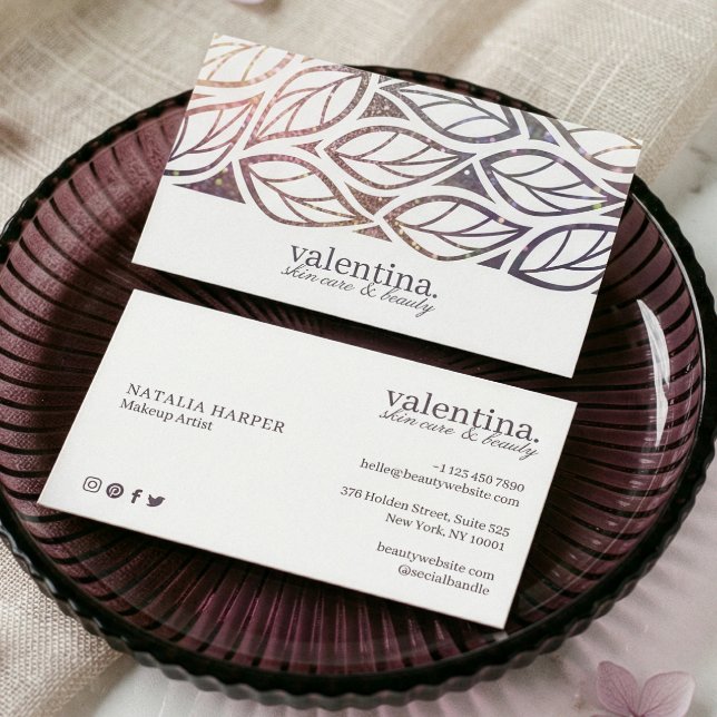 Elegant Violet Glitter Leaf Pattern Beauty Makeup Business Card (Elegant Modern Leaf Luxury Beauty Makeup Artist Bu Business Card)