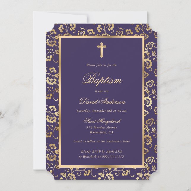 Elegant Violet Gold Cross Script Floral Baptism Invitation (Front)