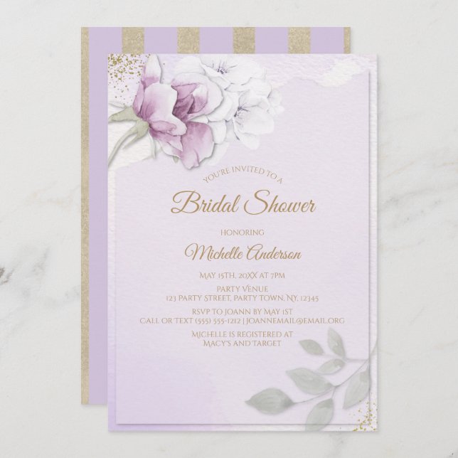 Elegant Violet Gold Floral Bridal Shower Invitation (Front/Back)