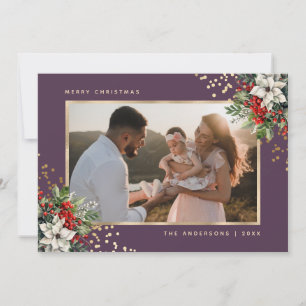 Elegant Violet Gold Poinsettia Holly Berries Photo Holiday Card