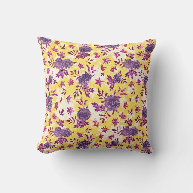 Elegant Violet Marigolds Flowers Mustard Yellow Cushion (Front)