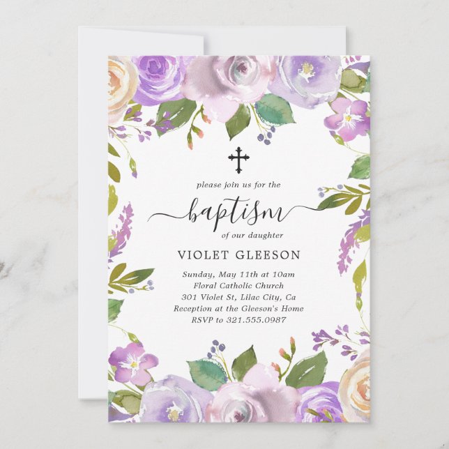 Elegant Violet Purple Floral Cross Girl Baptism Invitation (Front)