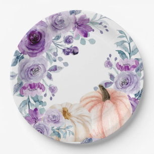 Elegant Violet Purple Floral Pumpkin Watercolor Paper Plate
